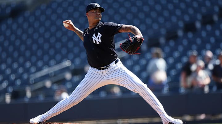Feb 15, 2025; Tampa, FL, USA; New York Yankees starting pitcher Luis Gil (81) participates in spring training workouts at George M. Steinbrenner Field. Feb 15, 2025; Tampa, FL, USA; New York Yankees starting pitcher Luis Gil (81) participates in spring training workouts at George M. Steinbrenner Field.
