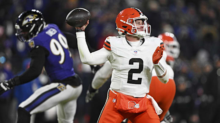 Jan 4, 2025; Baltimore, Maryland, USA; Cleveland Browns quarterback Bailey Zappe (2) makes a pass during the third quarter against the Baltimore Ravens at M&T Bank Stadium. Mandatory Credit: Tommy Gilligan-Imagn Images