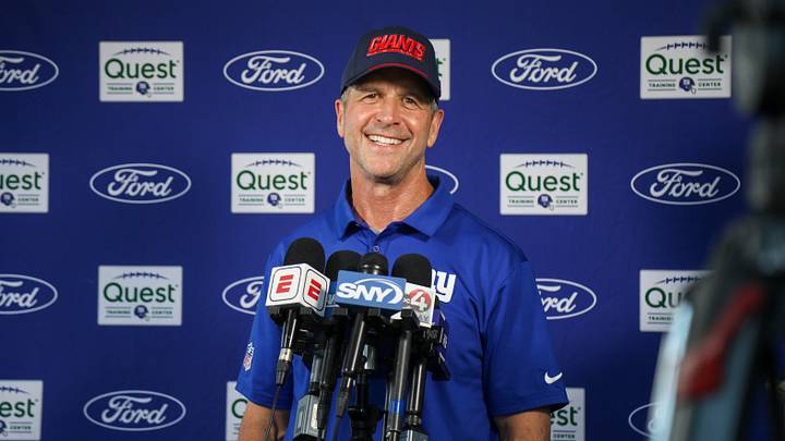 New York Giants head coach John Harbaugh speaks to the media. New York Giants head coach John Harbaugh speaks to the media.