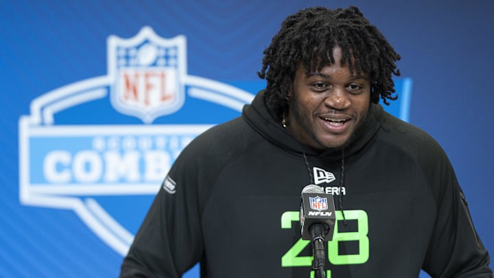 University of Missouri offensive lineman Armand Membou answers questions at a press conference during the 2025 NFL Combine at Indiana Convention Center.