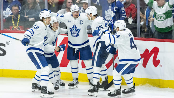 Apr 24, 2025; Ottawa, Ontario, CAN; The Toronto Maple Leafs celebrate a goal goal scored by center Auston Matthews (34) in game three of the first round of the 2025 Stanley Cup Playoffs against the   Ottawa Senators at Canadian Tire Centre. Mandatory Credit: Marc DesRosiers-Imagn Images