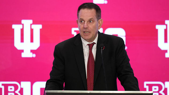 Jul 22, 2025; Las Vegas, NV, USA; Indiana head coach Curt Cignetti speaks to the media during the Big Ten NCAA college football media days at Mandalay Bay Resort. Mandatory Credit: Lucas Peltier-Imagn Images