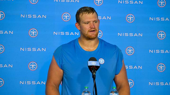 Aug 4, 2026; Nashville, TN, USA;  Tennessee Titans guard Cordell Volson (73) talks with the media during training camp at Vanderbilt Health Football Center. Mandatory Credit: Steve Roberts-Imagn Images