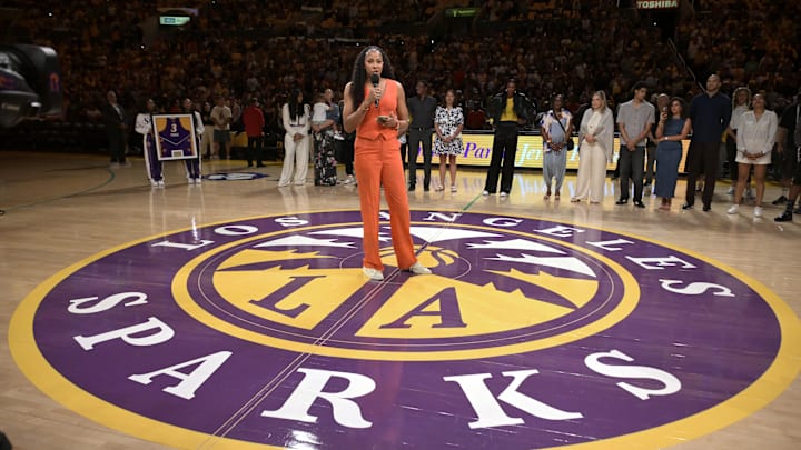 Jun 29, 2025; Los Angeles, California, USA; Former Los Angeles Sparks Candace Parker talks to the crowd during a her jersey retirement ceremony at halftime at Crypto.com Arena. Mandatory Credit: Jayne Kamin-Oncea-Imagn Images Jun 29, 2025; Los Angeles, California, USA; Former Los Angeles Sparks Candace Parker talks to the crowd during a her jersey retirement ceremony at halftime at Crypto.com Arena. Mandatory Credit: Jayne Kamin-Oncea-Imagn Images