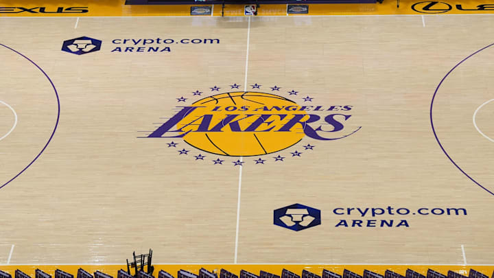 Dec 18, 2023; Los Angeles, California, USA: The Los Angeles Lakers logo at center court at the Crypto.com Arena. Mandatory Credit: Kirby Lee-Imagn Images