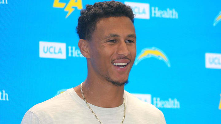 Los Angeles Chargers cornerback Benjamin St-Juste at a press conference at The Bolt.