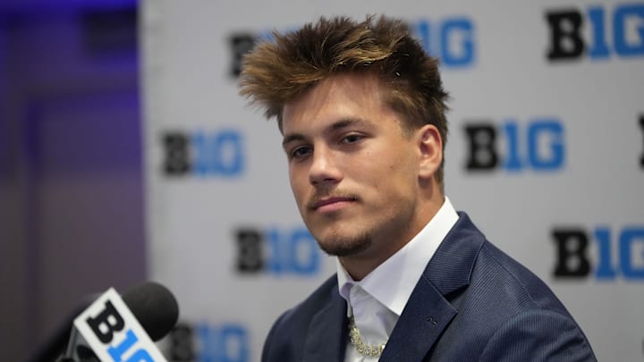 Jul 23, 2025; Las Vegas, NV, USA; Minnesota safety Koi Perich speaks to the media during the Big Ten NCAA college football media days at Mandalay Bay Resort. Mandatory Credit: Lucas Peltier-Imagn Images