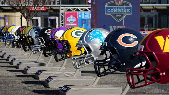 Feb 28, 2024; Indianapolis, IN, USA; A general view of large Chicago Bears, Detroit Lions and Green Bay Packers helmets at the NFL Scouting Combine Experience at Lucas Oil Stadium. Mandatory Credit: Kirby Lee-Imagn Images