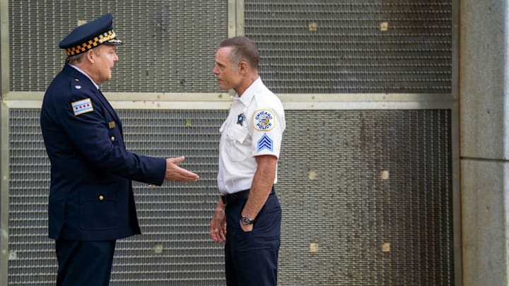 CHICAGO P.D. -- "Consequences" Episode 1301 -- Pictured: (l-r) Joel Murray as Commander Devlin, Jason Beghe as Hank Voight -- (Photo by: Elizabeth Sisson/NBC)