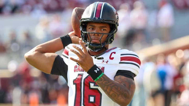 Oct 19, 2024; Norman, Oklahoma, USA;  South Carolina Gamecocks quarterback LaNorris Sellers (16) warms up before the game against the Oklahoma Sooners at Gaylord Family-Oklahoma Memorial Stadium. Mandatory Credit: Kevin Jairaj-Imagn Images