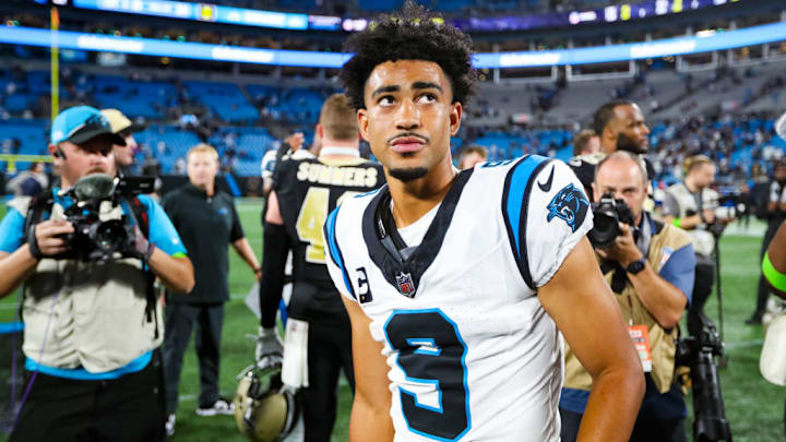 CHARLOTTE, NC - SEPTEMBER 18: Bryce Young #9 of the Carolina Panthers looks into the distance after a football game against the New Orleans Saints at Bank of America Stadium in Charlotte, North Carolina on Sep 18, 2023. CHARLOTTE, NC - SEPTEMBER 18: Bryce Young #9 of the Carolina Panthers looks into the distance after a football game against the New Orleans Saints at Bank of America Stadium in Charlotte, North Carolina on Sep 18, 2023.