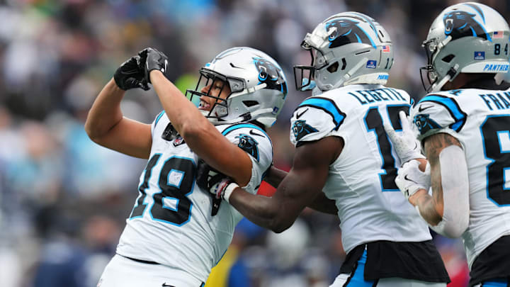 CHARLOTTE, NORTH CAROLINA - DECEMBER 15: Jalen Coker #18 of the Carolina Panthers celebrates with teammates after scoring a touchdown against the Dallas Cowboys during the second quarter at Bank of America Stadium on December 15, 2024 in Charlotte, North Carolina. CHARLOTTE, NORTH CAROLINA - DECEMBER 15: Jalen Coker #18 of the Carolina Panthers celebrates with teammates after scoring a touchdown against the Dallas Cowboys during the second quarter at Bank of America Stadium on December 15, 2024 in Charlotte, North Carolina.