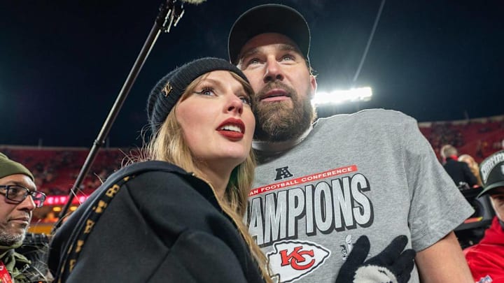 Taylor Swift and Travis Kelce after the AFC Championship win over the Buffalo Bills.