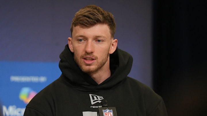 Dillon Thieneman meets with the media at the 2026 NFL Combine.