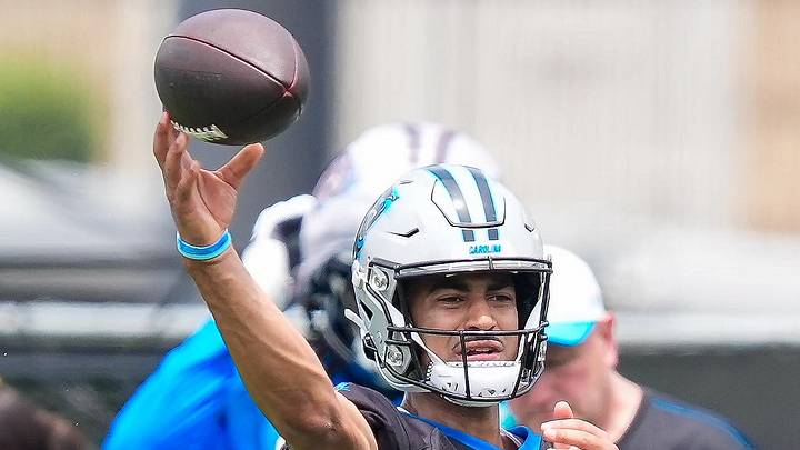 Carolina Panthers quarterback Bryce Young (9) throws during the first day of mini camp