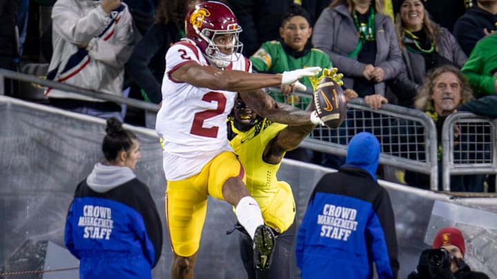 Oregon defensive back Trikweze Bridges breaks up a pass intended for USC wide receiver Brenden Rice as the No. 6 Oregon Ducks host the USC Trojans Saturday, Nov. 11, 2023, at Autzen Stadium in Eugene, Ore.
