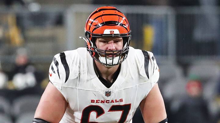 Jan 4, 2025; Pittsburgh, Pennsylvania, USA;  Cincinnati Bengals guard Cordell Volson (67) at the line of scrimmage against the Pittsburgh Steelers during the second quarter at Acrisure Stadium. Mandatory Credit: Charles LeClaire-Imagn Images