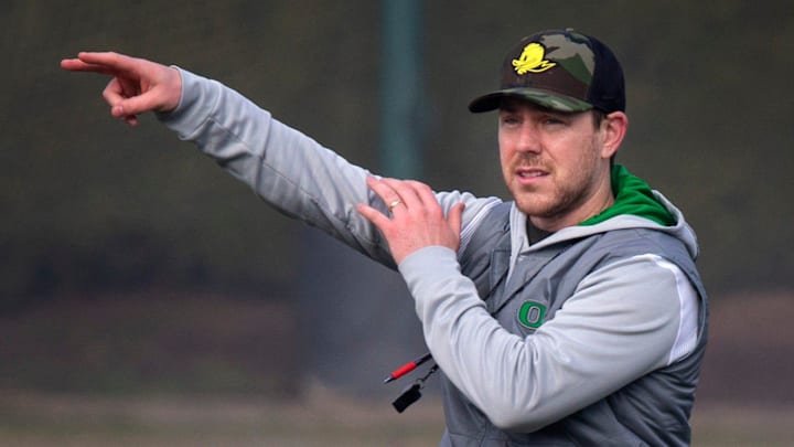 New Oregon offensive coordinator and quarterbacks coach Will Stein leads a drill on the first practice of spring for Oregon football as the Ducks prepare for the 2023 season.

Eug 031623 Uo Spring Fb 15