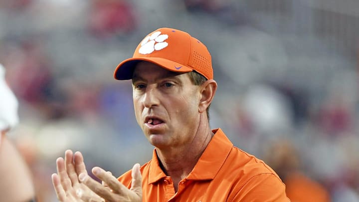 Oct 5, 2024; Tallahassee, Florida, USA; Clemson Tigers head coach Dabo Swinney reacts before a game Florida State Seminoles at Doak S. Campbell Stadium.
