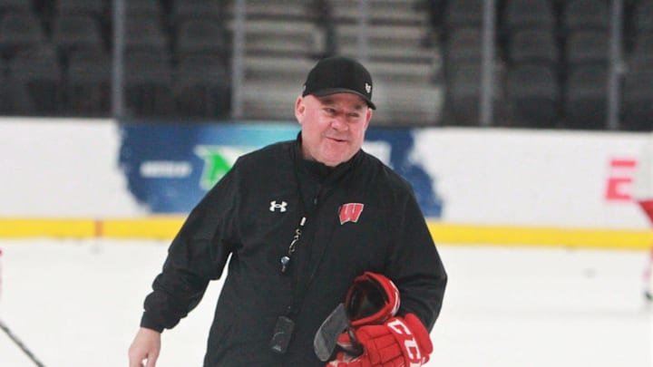 Wisconsin coach Mike Hastings skates off the ice following his team's practice at the Frozen Four at T-Mobile Arena in Las Vegas, Nevada on Wednesday April 8, 2026.