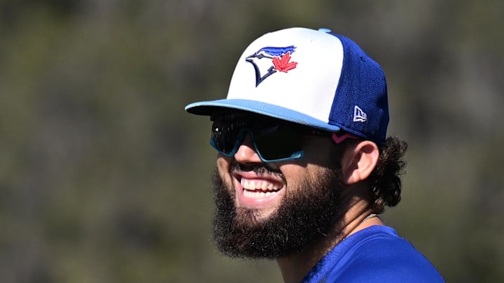 Toronto Blue Jays pitcher Alek Manoah (6) watches his teammates run a drill at the Blue Jays Player Development Complex in 2024. Toronto Blue Jays pitcher Alek Manoah (6) watches his teammates run a drill at the Blue Jays Player Development Complex in 2024.
