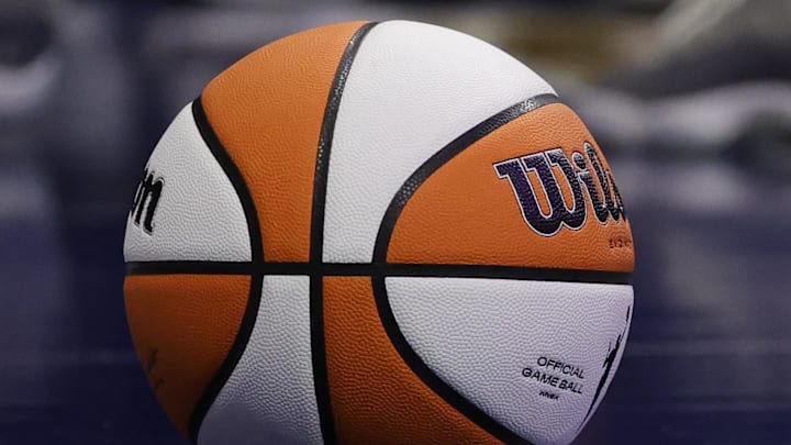 May 19, 2023; Washington, District of Columbia, USA; A game ball rests on the court during a timeout in the. Game between the Washington Mystics and New York Liberty at Entertainment & Sports Arena. Mandatory Credit: Geoff Burke-Imagn Images