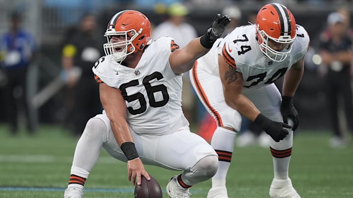 Aug 8, 2025; Charlotte, North Carolina, USA; Cleveland Browns center Luke Wypler (56) calls out the defense during the first quarter against the Carolina Panthers at Bank of America Stadium. Mandatory Credit: Jim Dedmon-Imagn Images