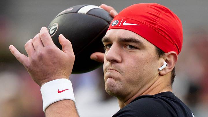 Oct 10, 2026; Tuscaloosa, Alabama, USA;  Georgia quarterback Gunner Stockton (14) throws during warmup before the game with Alabama at Saban Field at Bryant-Denny Stadium. Mandatory Credit: Gary Cosby Jr.-Imagn Images