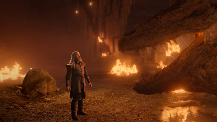 Hugh Hammer confronts Vermithor in House of the Dragon season 2.
