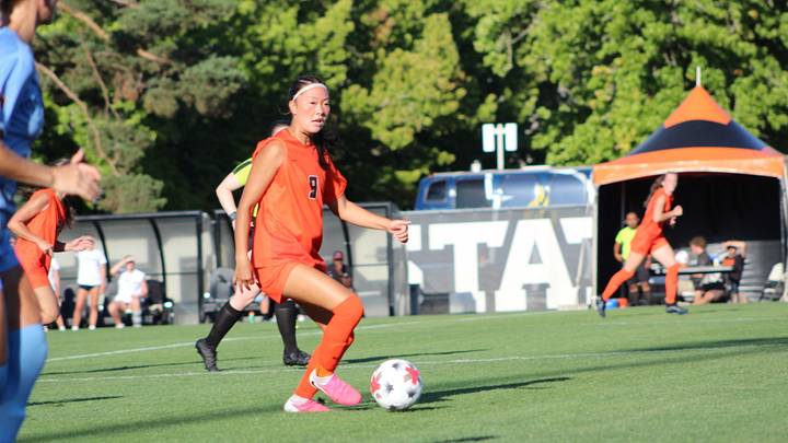 Oregon State midfielder London Tsuma takes the ball upfield during the team's match against Bushnell. Tsuma scored the Beavers' first goal of the season shortly afterward. Oregon State midfielder London Tsuma takes the ball upfield during the team's match against Bushnell. Tsuma scored the Beavers' first goal of the season shortly afterward.