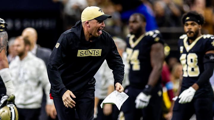 New Orleans Saints interim head coach Darren Rizzi reacts to a fourth down stop of the Atlanta Falcons to in his first game as interim head coach. New Orleans Saints interim head coach Darren Rizzi reacts to a fourth down stop of the Atlanta Falcons to in his first game as interim head coach.