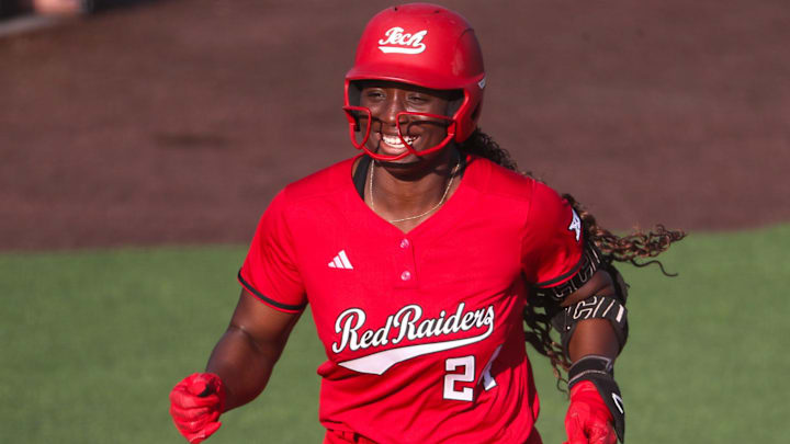 Texas Tech's NiJaree Canady reacts after hitting a home run against Houston during a Big 12 Conference softball game, Friday, April 11, 2025, at Rocky Johnson Field.