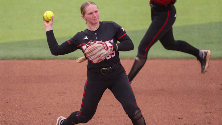 Texas Tech's Bailey Lindemuth prepares to throw against Arizona State during a Big 12 Conference softball game, Saturday, April 27, 2025, at Rocky Johnson Field.