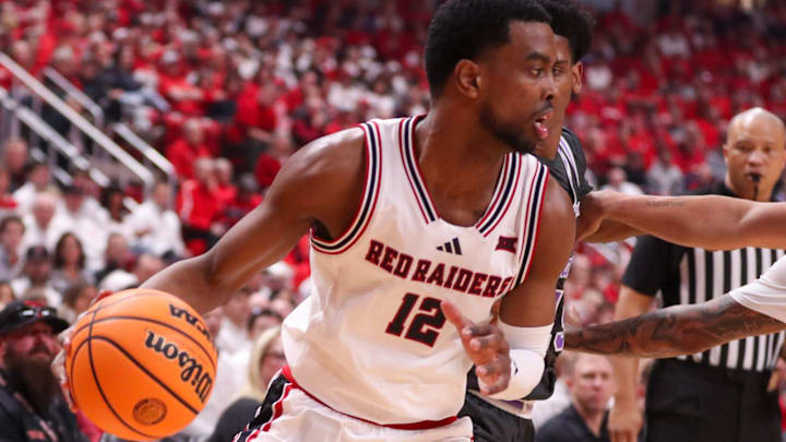 Texas Tech's Donovan Atwell handles the ball against Kansas State during a Big 12 Conference men's basketball game, Saturday, Feb. 21, 2026, in United Supermarkets Arena.