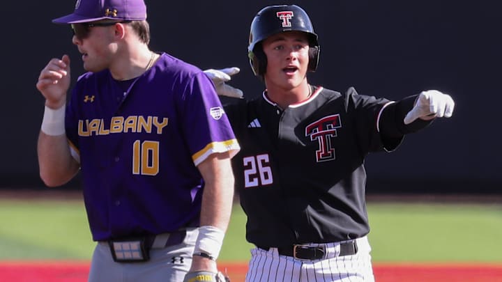 Texas Tech's Matt Quintanar celebrates hitting a double against UAlbany during a non-conference baseball game, Friday, Feb. 20, 2026, at Rip Griffin Park.