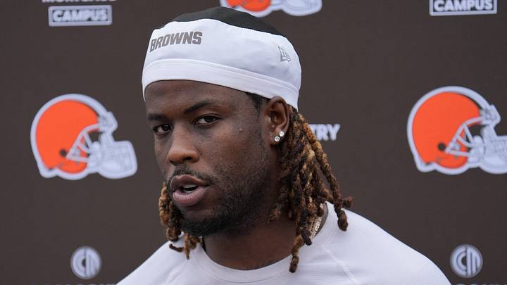 Jerry Jeudy talks with media after the Browns OTA in Berea on May 27, 2026.
