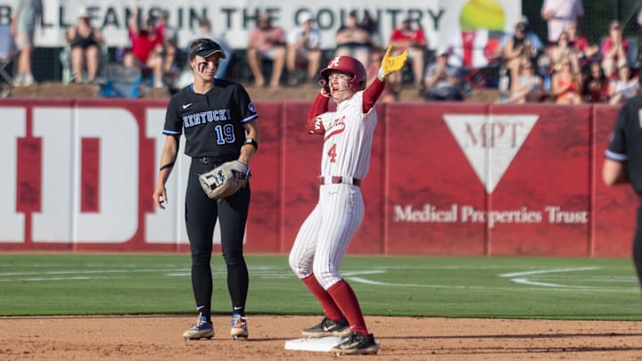 Alabama infielder Jena Young celebrates on second in the first game of the series against Kentucky on Apr. 17, 2026.