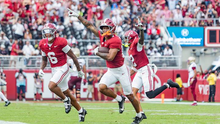 Alabama Defensive Backs Ivan Taylor and Red Morgan and Corner Back Zabien Brown celebrate the interception in the first half of the game against FSU on Sept 19, 2026.