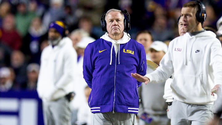 Nov 30, 2024; Baton Rouge, Louisiana, USA;  LSU Tigers head coach Brian Kelly looks on against the Oklahoma Sooners during the second quarter at Tiger Stadium. Mandatory Credit: Stephen Lew-Imagn Images