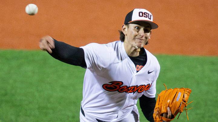 Oregon State's Eric Segura (16) pitches the ball during an NCAA college baseball game at Goss Stadium on Friday, March 7, 2025, in Corvallis, Ore. Oregon State's Eric Segura (16) pitches the ball during an NCAA college baseball game at Goss Stadium on Friday, March 7, 2025, in Corvallis, Ore.