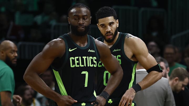 Feb 28, 2025; Boston, Massachusetts, USA; Boston Celtics guard Jaylen Brown (7) and forward Jayson Tatum (0) stand on the court during a timeout during the second half of their loss to the Cleveland Cavaliers at TD Garden. Mandatory Credit: Winslow Townson-Imagn Images