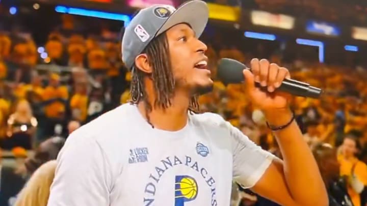 Myles Turner thanks the Pacers crowd after Eastern Conference Finals triumph. 