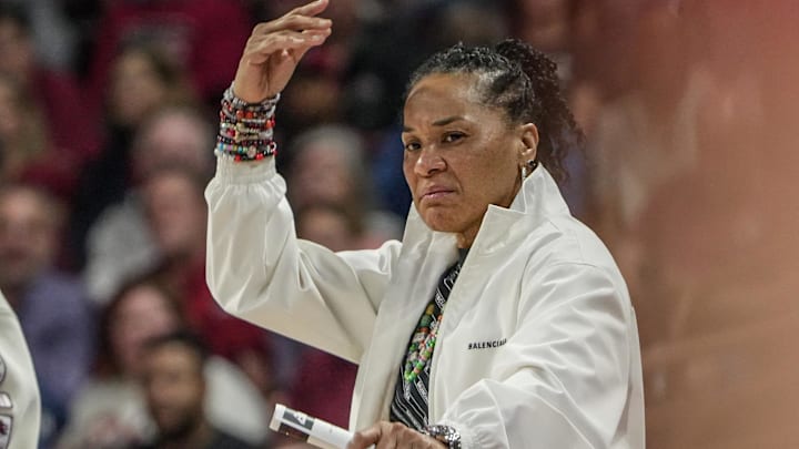 South Carolina Coach Dawn Staley communicates to her players in the game with University of Southern California Monday, March 23, 2026, during the first quarter NCAA Women's Basketball Tournament at Colonial Life Arena in Columbia, South Carolina.