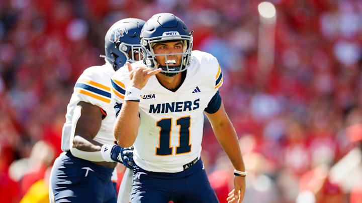 UTEP Miners quarterback Cade McConnell (11) looks over towards the sideline before facing the Nebraska Cornhuskers defense during the first half at Memorial Stadium in Lincoln, Nebraska, Saturday, August 31, 2024.