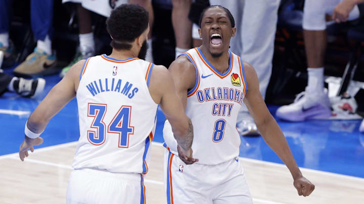 May 20, 2025; Oklahoma City, Oklahoma, USA; Oklahoma City Thunder forward Jalen Williams (8) and forward Kenrich Williams (34) celebrate after a play in the third quarter against the Minnesota Timberwolves during game one of the western conference finals for the 2025 NBA Playoffs at Paycom Center. Mandatory Credit: Alonzo Adams-Imagn Images