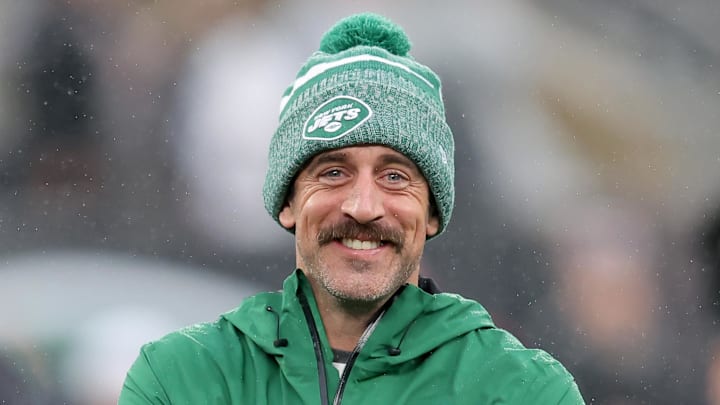 Dec 3, 2023; East Rutherford, New Jersey, USA; New York Jets quarterback Aaron Rodgers (8) watches