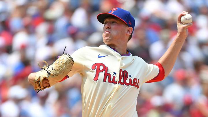 Jul 28, 2024; Philadelphia, Pennsylvania, USA; Philadelphia Phillies pitcher Kolby Allard (49) throws a pitch against the Cleveland Guardians during the first inning at Citizens Bank Park. Mandatory Credit: Eric Hartline-Imagn Images