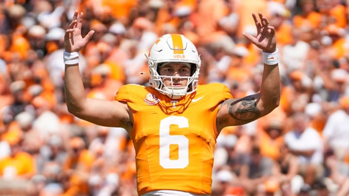 Tennessee quarterback Joey Aguilar (6) celebrates a successful drive during the NCAA college football game against UAB on September 20, 2025, in Knoxville, Tennessee.