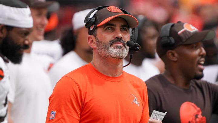 Aug 26, 2023; Kansas City, Missouri, USA; Cleveland Browns head coach Kevin Stefanski looks on