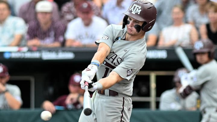 Texas A&M Aggies outfielder Caden Sorrell singles in a run against the Tennessee Volunteers in the College World Series. Texas A&M Aggies outfielder Caden Sorrell singles in a run against the Tennessee Volunteers in the College World Series.